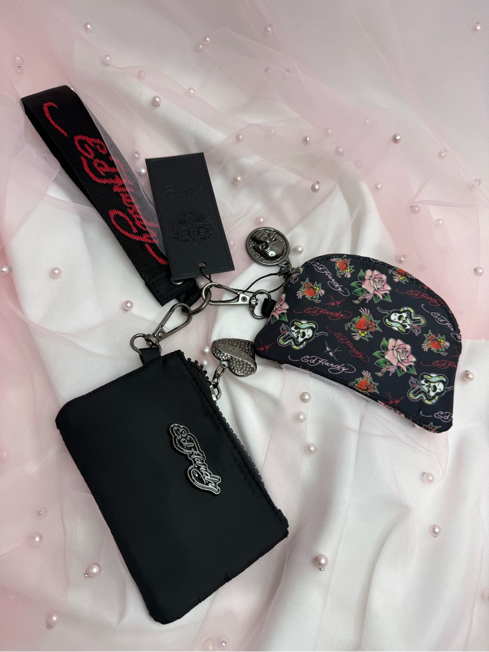 Ed Hardy Black Wristlet Keychain Strap Detachable Zipper Pouches Skull Rose